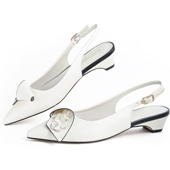 Sicare Slingback Heels Pumps Synthetic White Women Flower Block Heel Dress Shoes - Picture 10 of 13